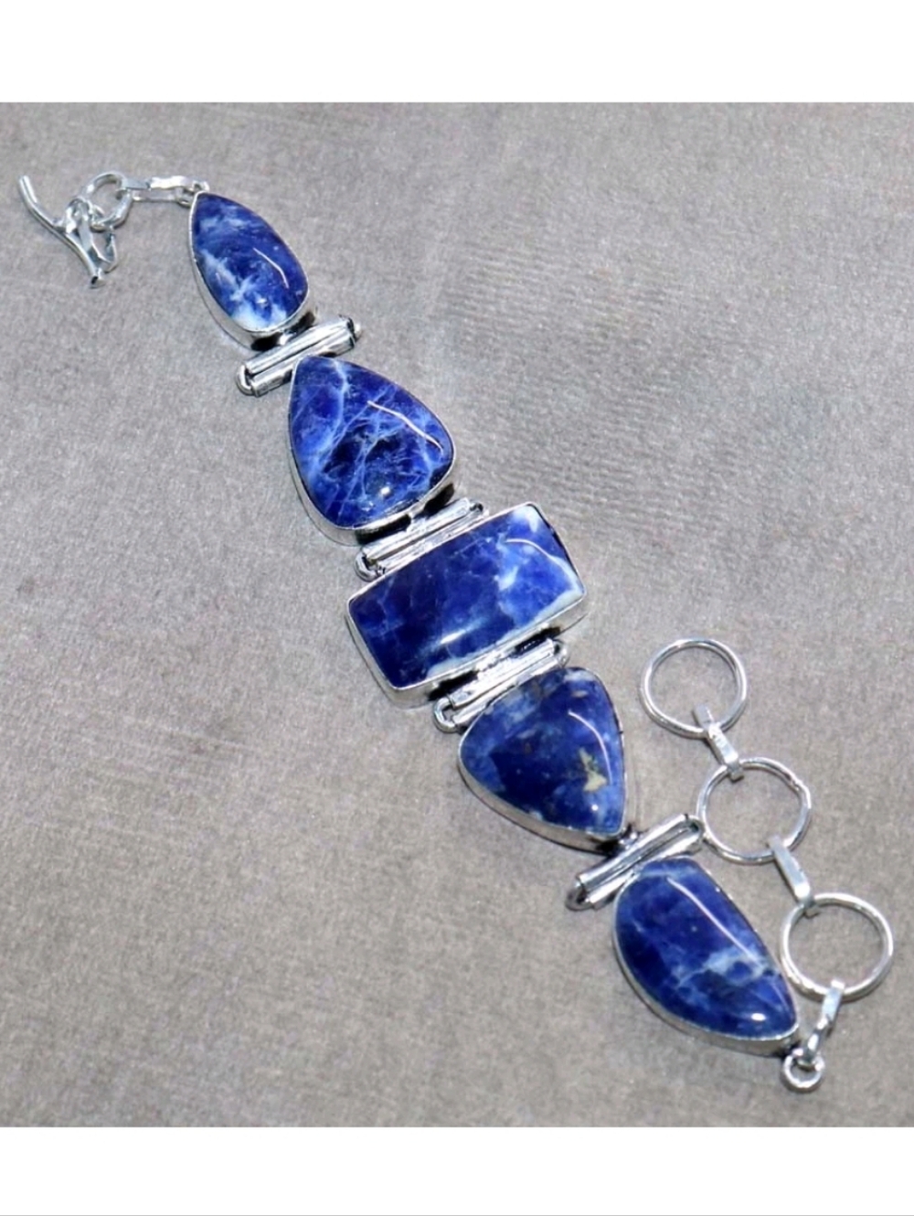 Sodalite Gemstone 925 Sterling Silver Handmade Toggle Bracelet